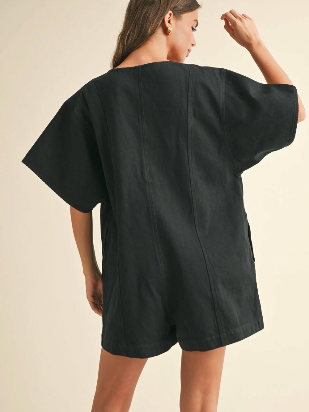 Casual Black Short Sleeve Romper with Button Placket - Picture 2 of 4